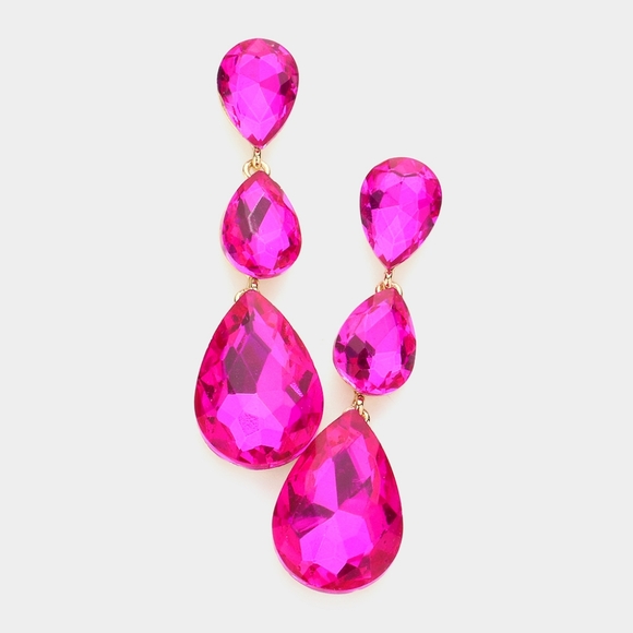 Fuchsia Dangle Crystal Earrings 2.75 Inch Triple Tear Drop Jewelry - Picture 1 of 3
